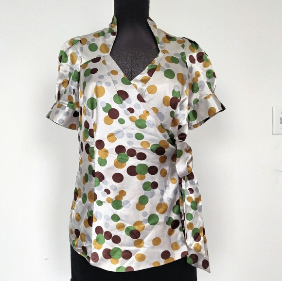 BCBG Silk Retro Polka Dot Tie Side Wrap Blouse M - Picture 1 of 6